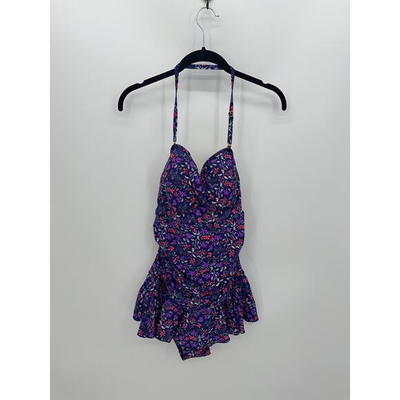 Shore Shapes Swimwear One Piece Bathing Suit Women 16 Purple Floral Skirt Cinch - Picture 1 of 9